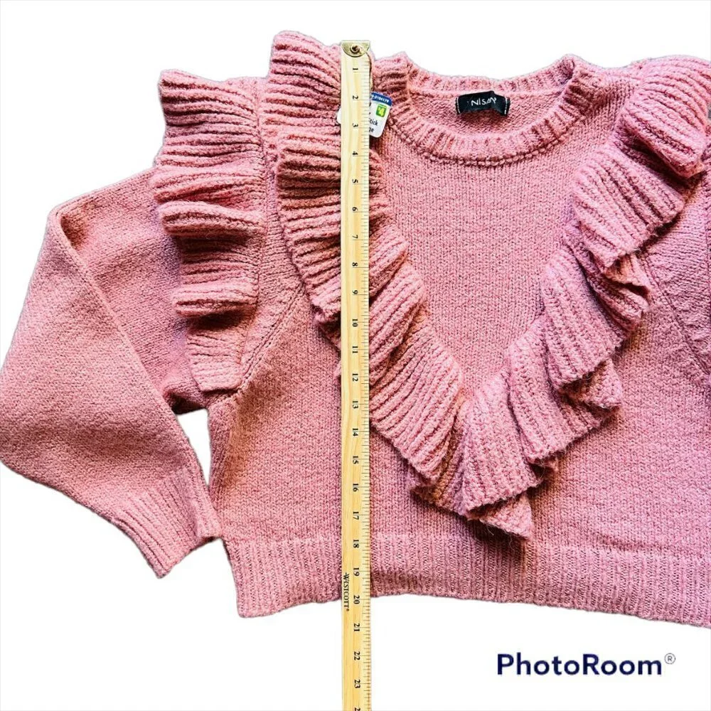 Pink Ruffle Crop Knit Sweater Women’s Size XL Cottagecore - Picture 9 of 12